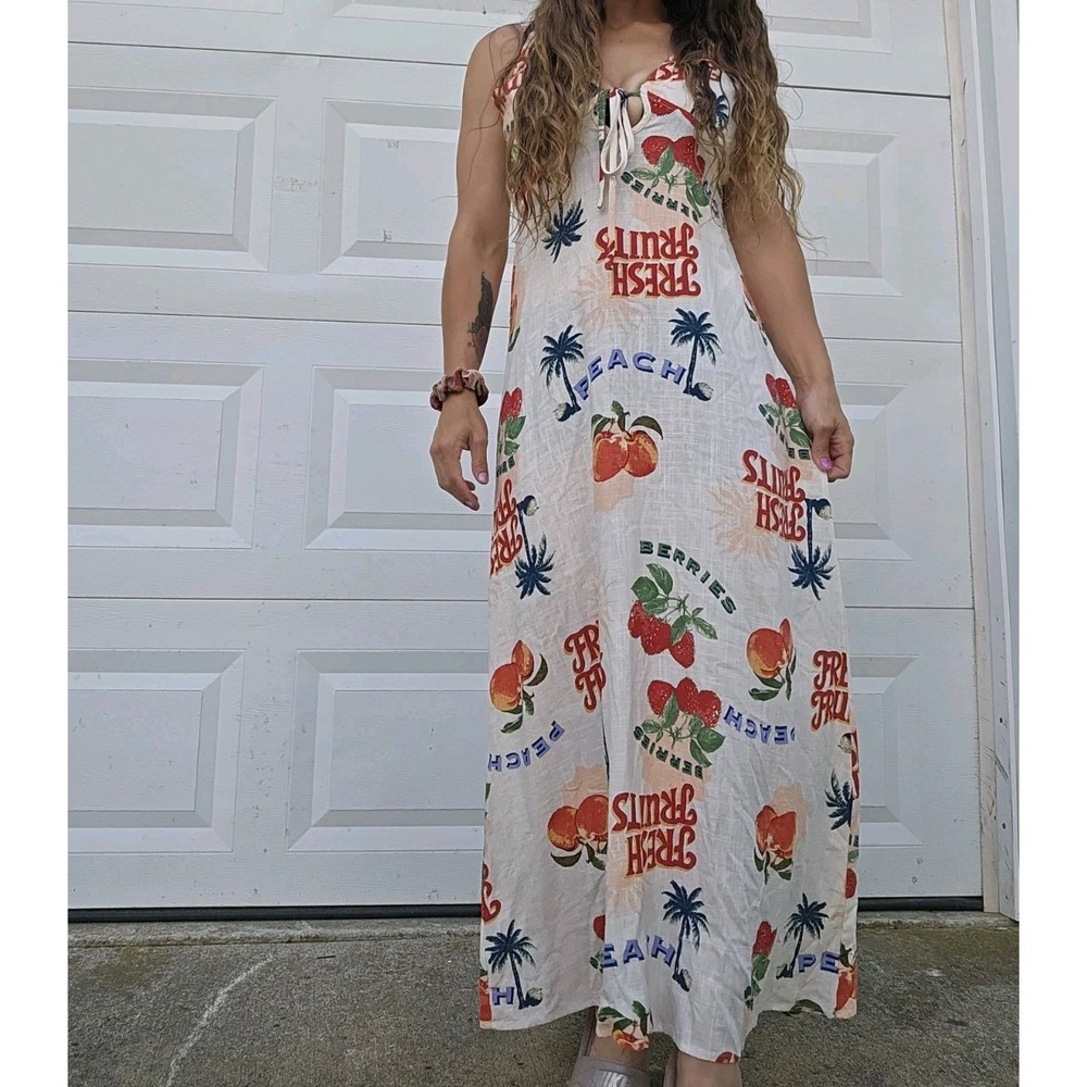 Paper Heart Fresh Fruits Linen Blend Maxi Dress Womens M Peach Berries Tie Back
